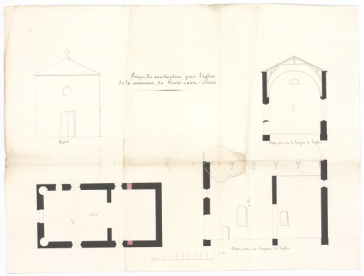 Projet de construction pour l'église de la commune du Givre-Saint-Sornin : façade, coupe prise sur la largeur, [plan], coupe prise sur la longueur.